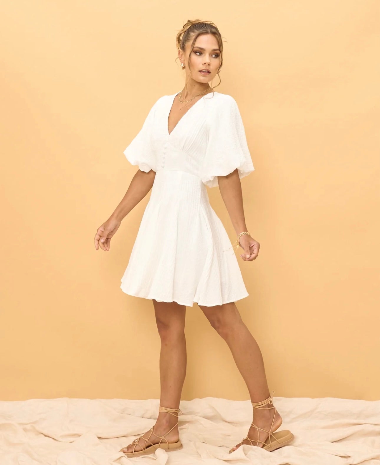 Lakeyo Wren White Godet Mini Dress