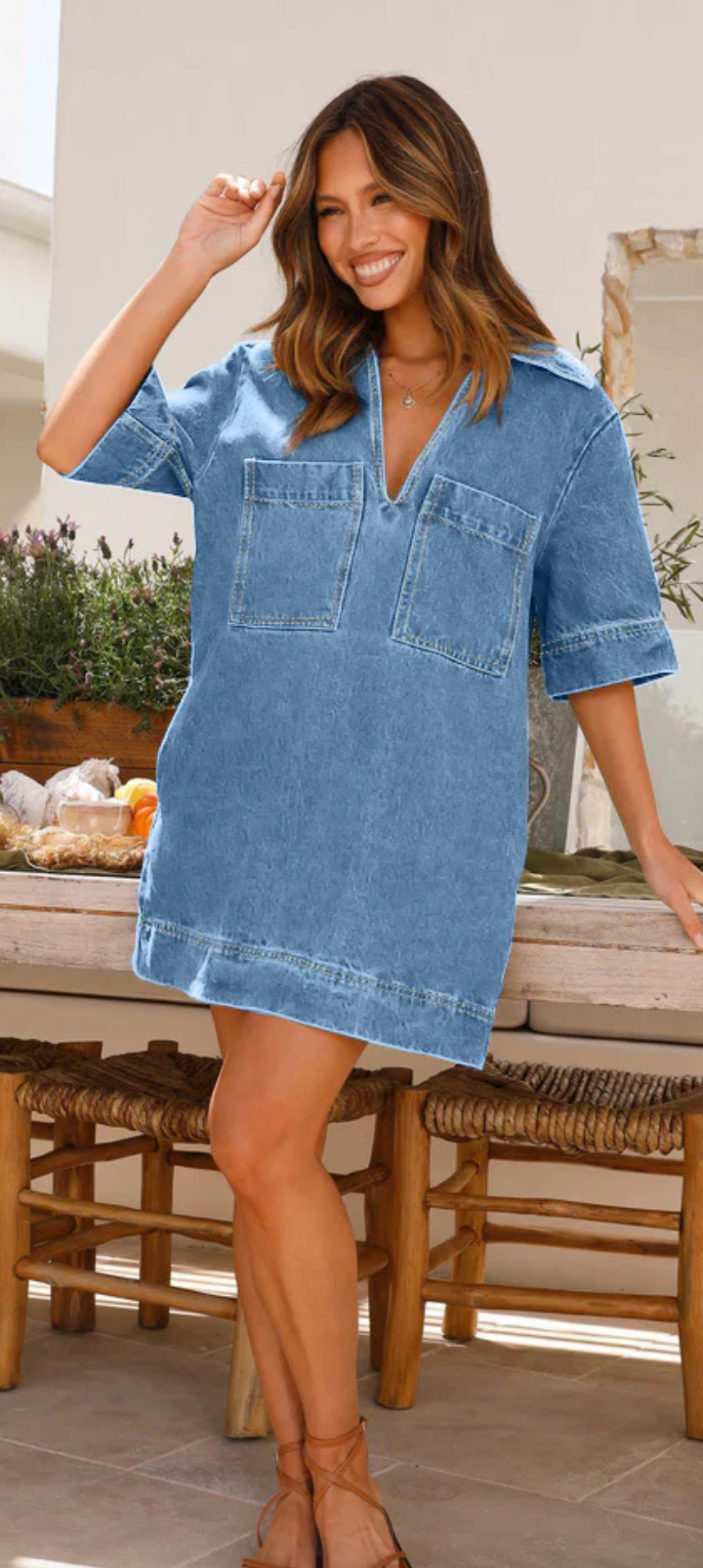 Mutig Collared Pocketed Short Sleeve Denim Dress