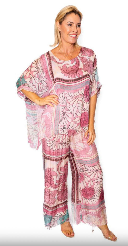 The Italian Closet Mosaic Pink Tile Print Silk Pants