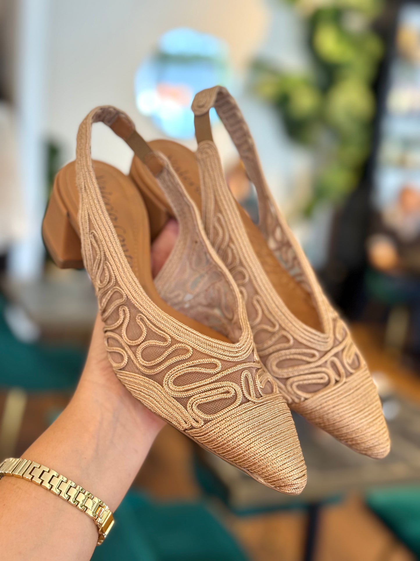 Velerio Conte Tan Embroidered Mesh Heels