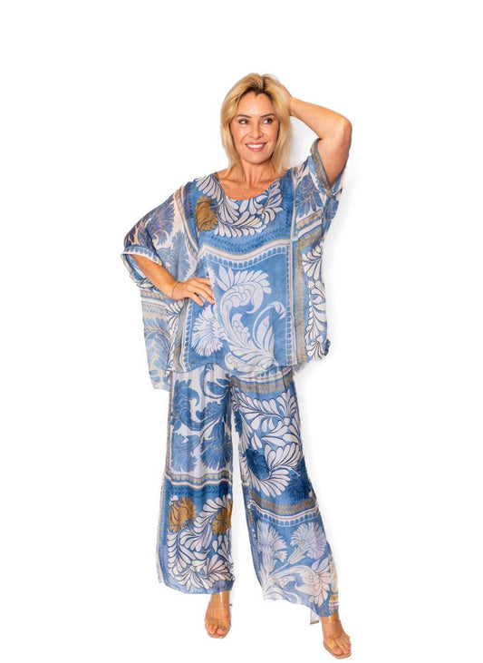 The Italian Closet Mosaic Denim Tile Print Silk Pants