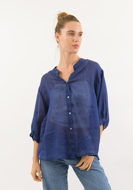 Worthier Aurora Navy Linen Button Shirt