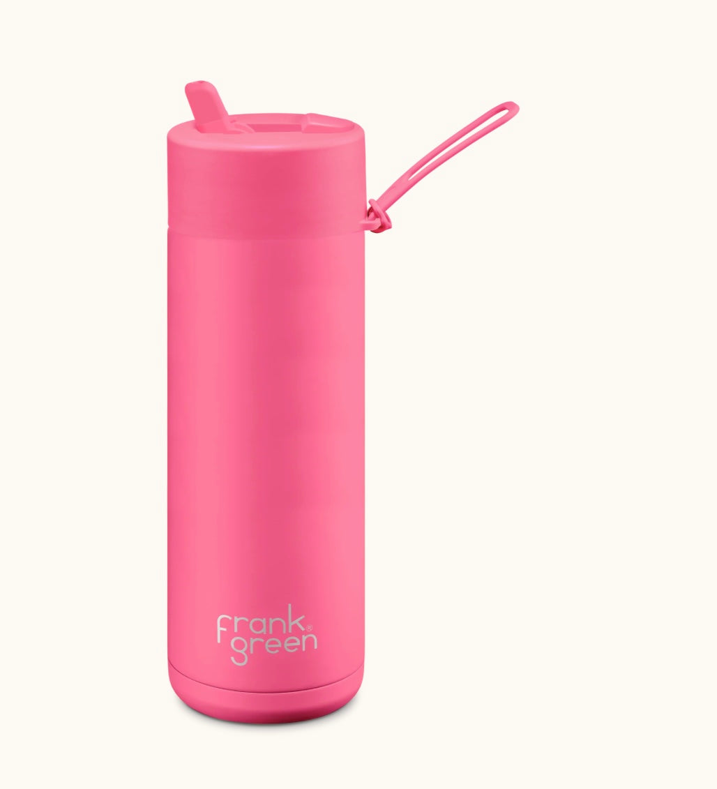 Frank Green Neon Pink Ceramic Reusable Bottle 595mL With Straw Lid