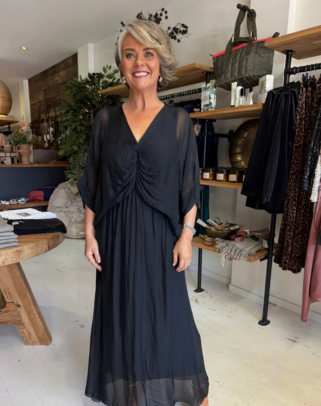 La Strada Black Ruched Silk Dress