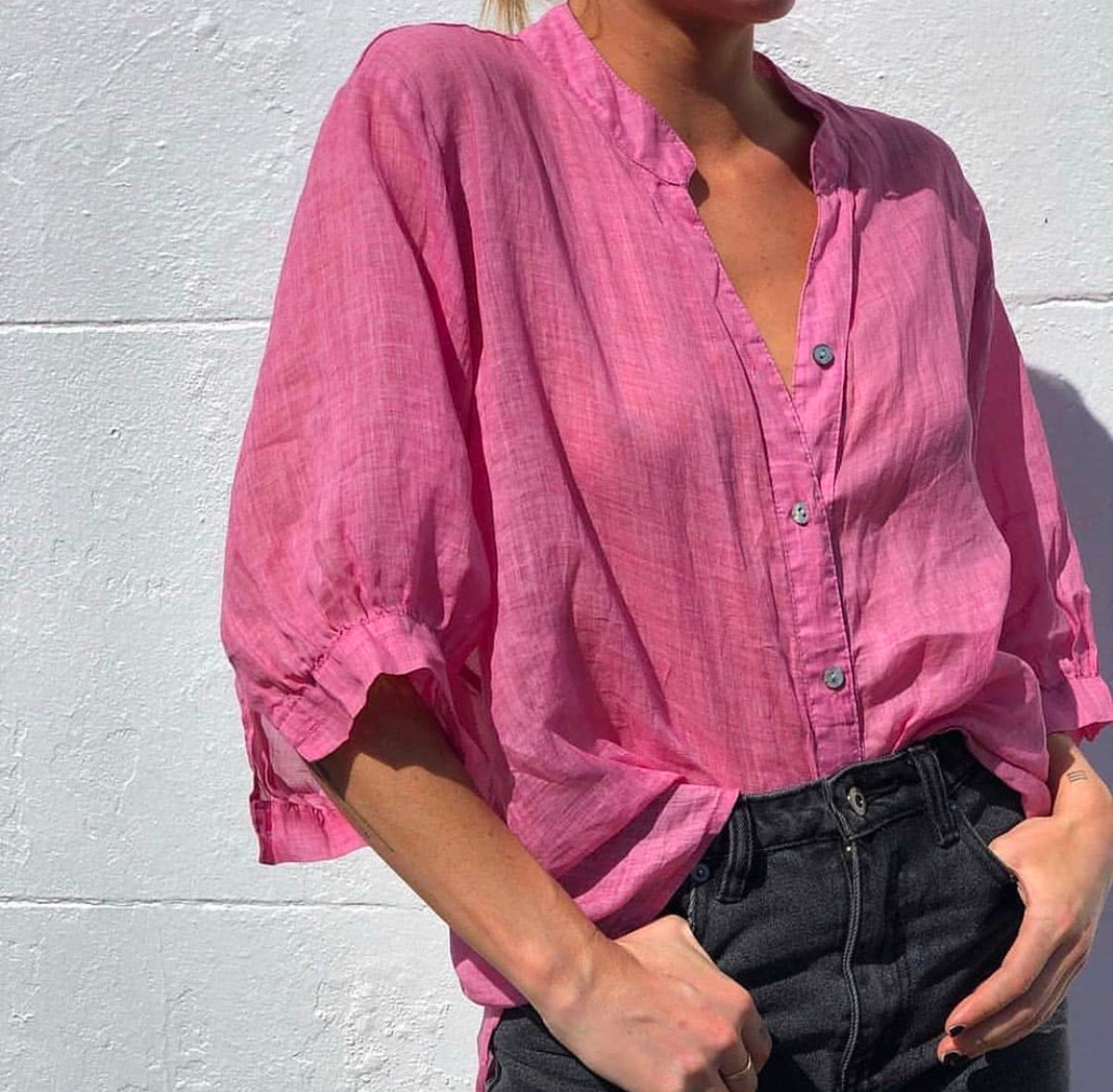 Worthier Aurora Hot Pink Linen Button Shirt