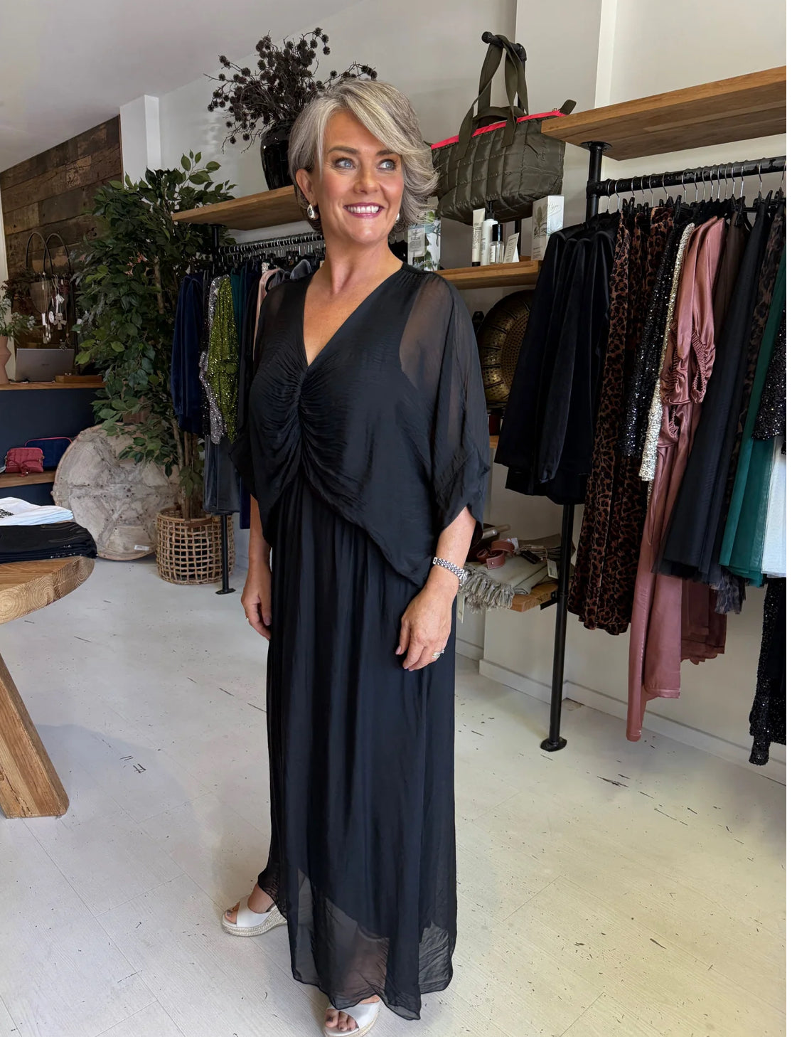 La Strada Black Ruched Silk Dress