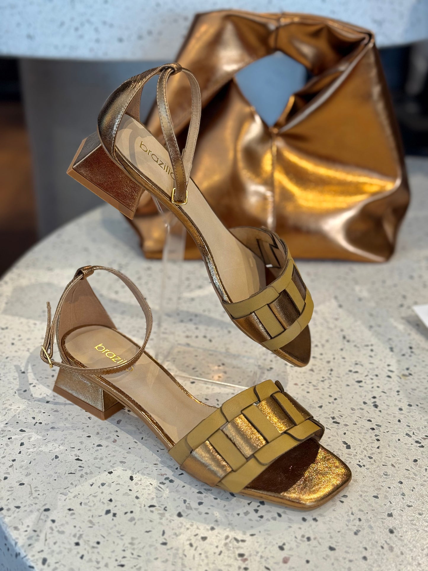 Brazilio Bronze & Tan Low Block Heel