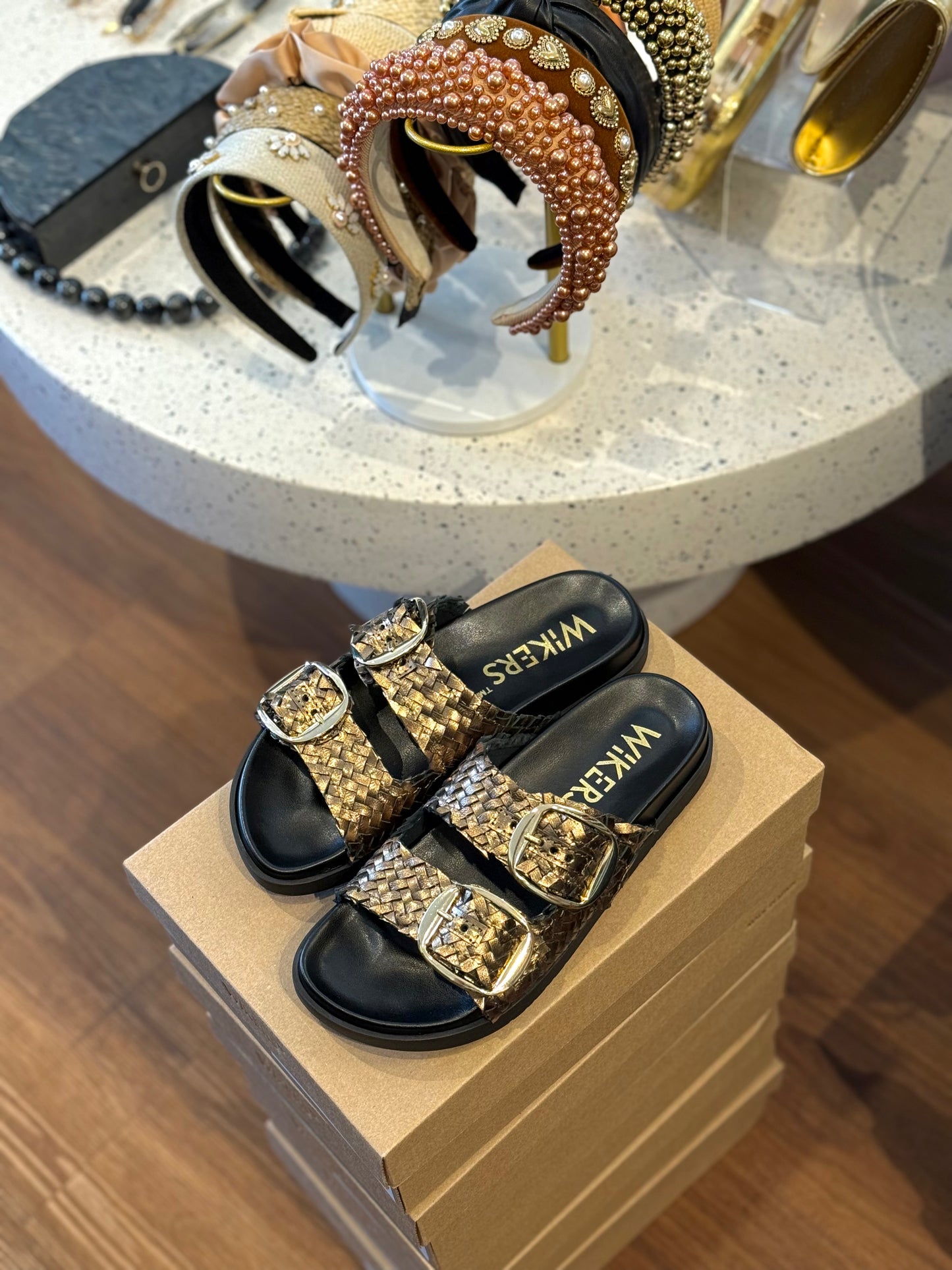 Wikers Tyler Bronze (Metallic Gold) Leather Woven Slides