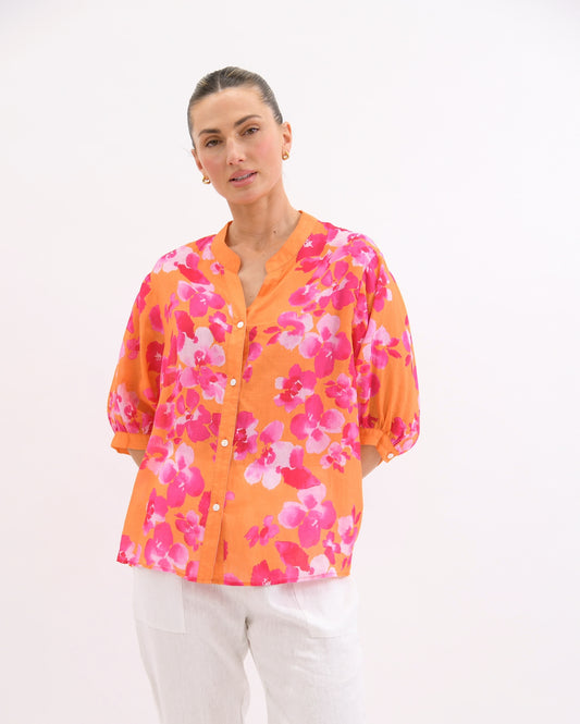 Worthier Lila Pink/Orange Floral Linen Button Shirt