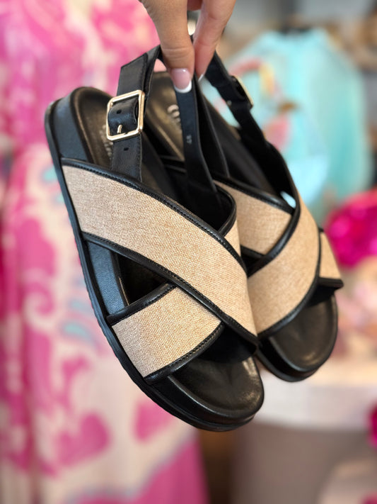 Chrissie Sunday Raffia & Black Leather Sandals