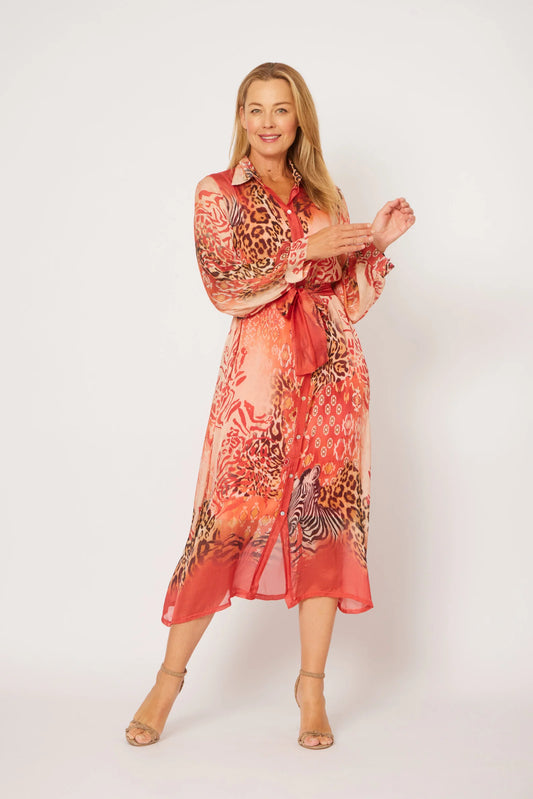 La Strada Coral Animal Print Silk Dress