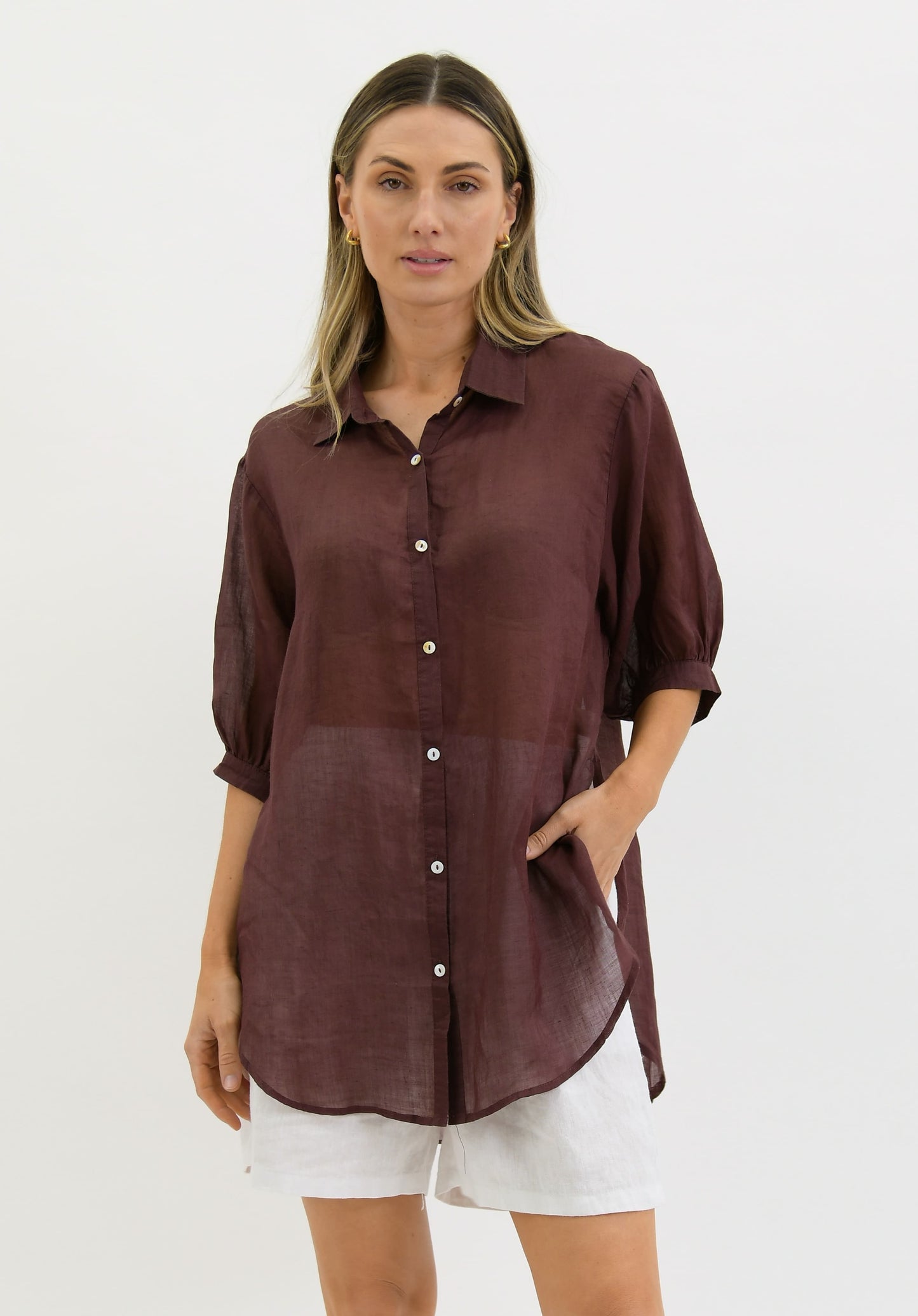 Worthier Aurora Chocolate Linen Button Shirt