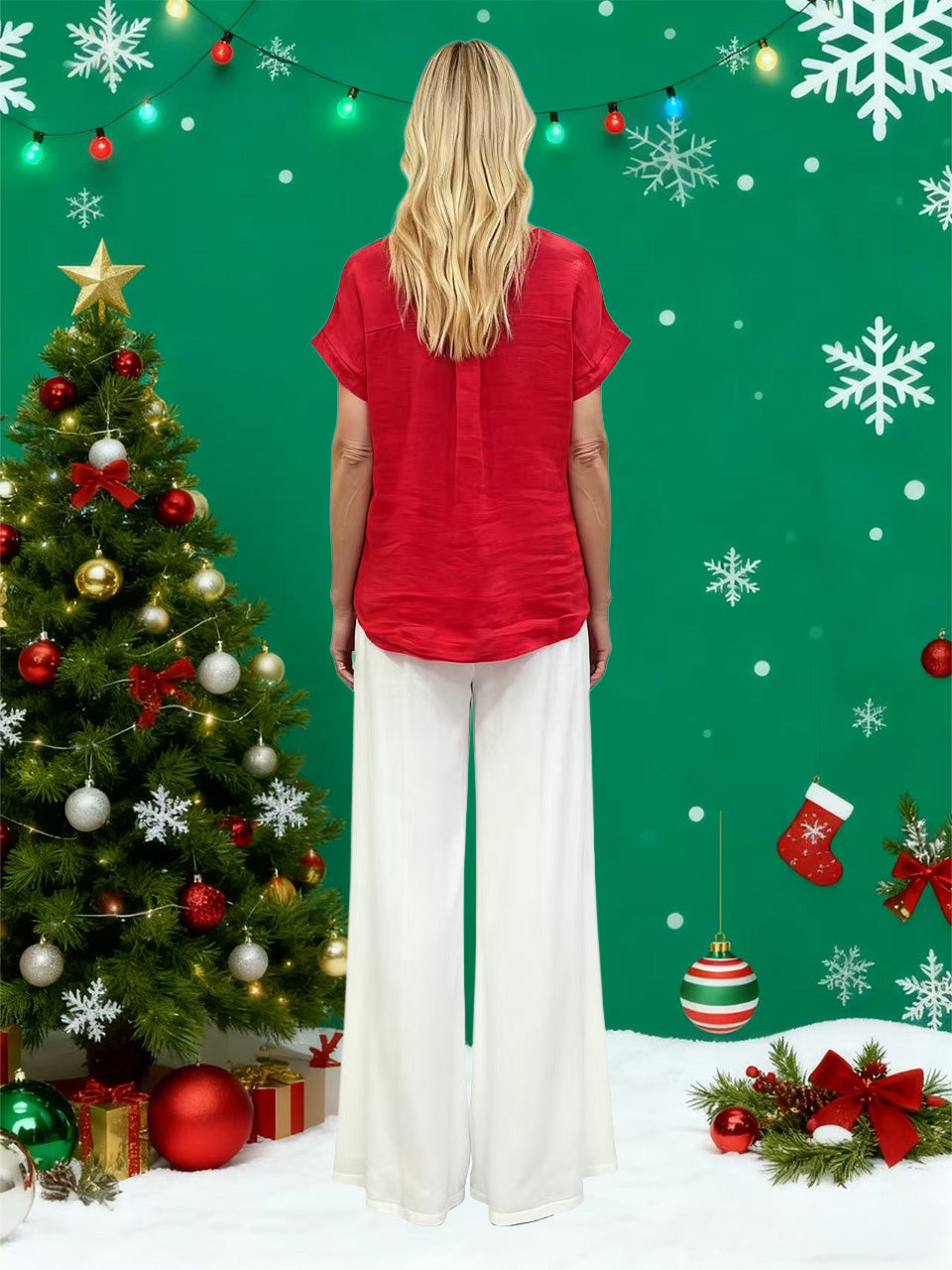 La Strada Red Linen Appliqué Flower Top