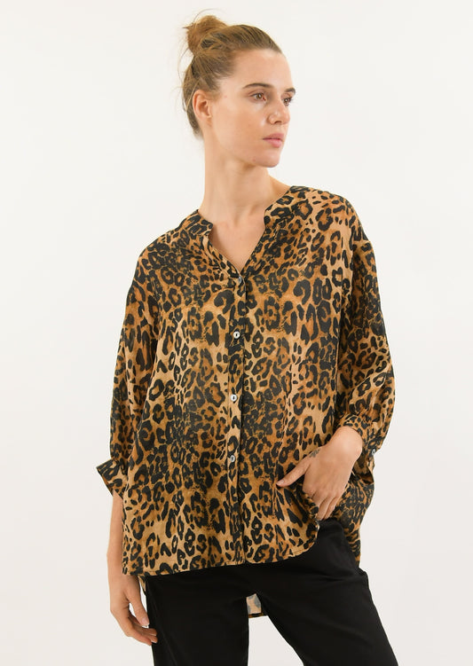 Worthier Aurora Leopard Linen Button Shirt