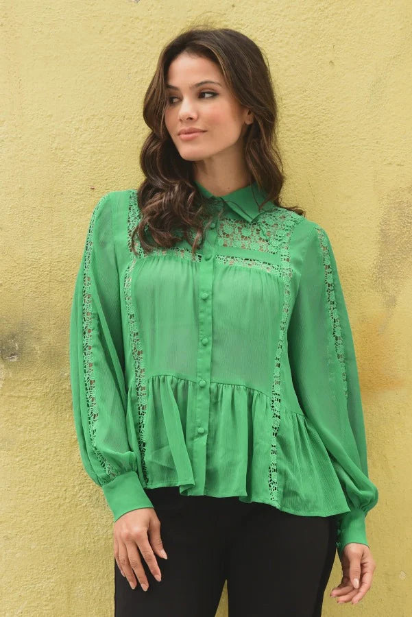 Coop Lace To The Top Green Chiffon Cloud Nine Blouse
