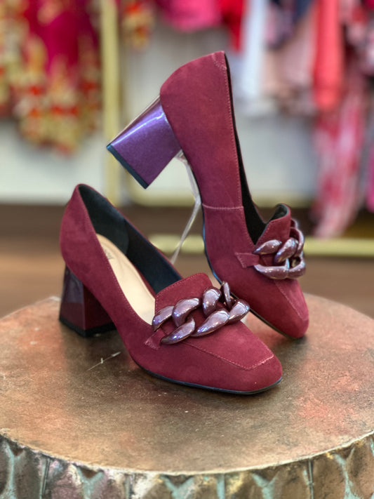 Chrissie Brazil Maroon Suede Heels