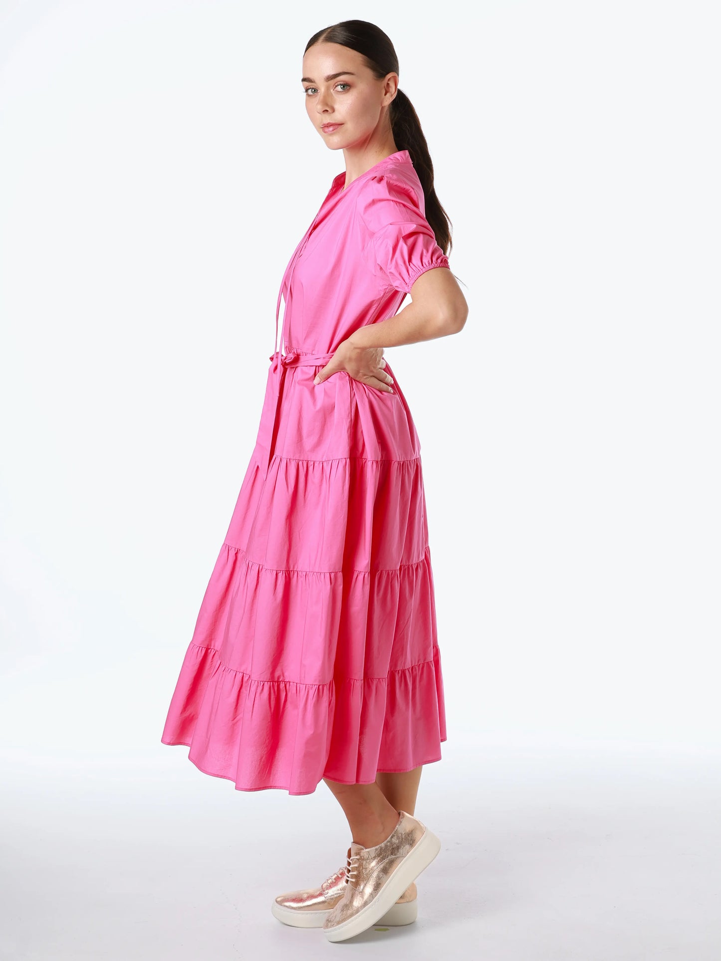 Liberty Rose Hot Pink Cotton Tiered Dress