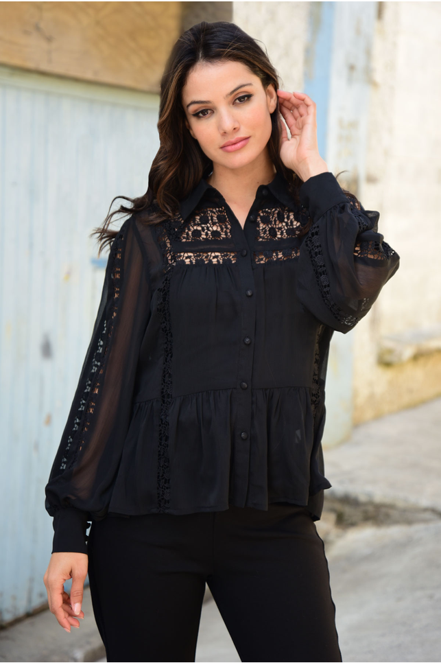 Coop Lace To The Top Black Chiffon Cloud Nine Blouse